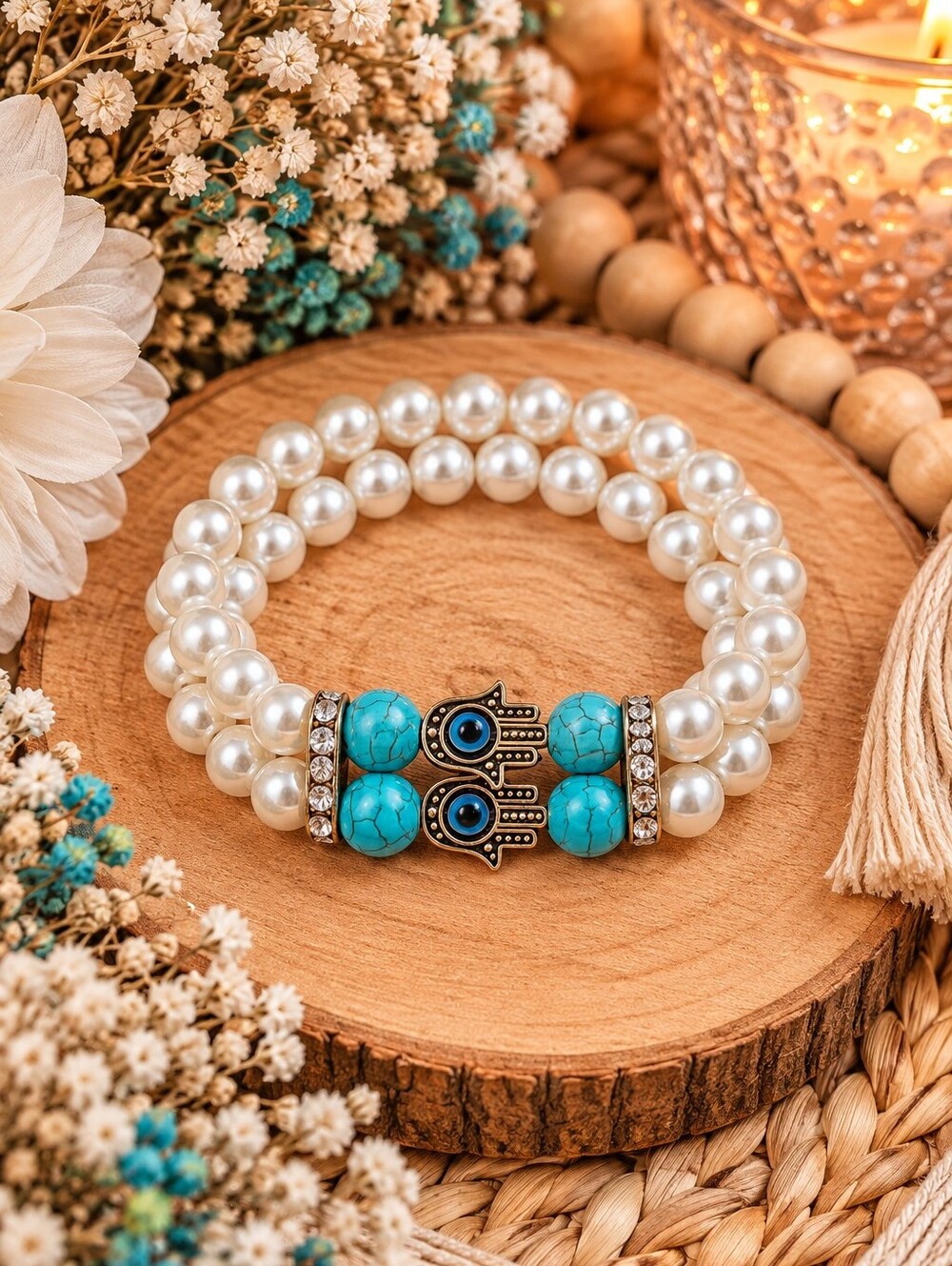 Pearl & Turquoise Hamsa Stretch Bracelet - White Pearls, Turquoise Beads